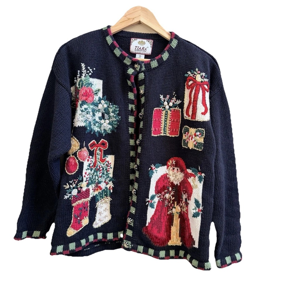 Tiara International Vintage 90s Christmas Cardigan Sweater Women's Size Medium‎